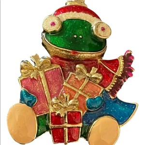 Large Gold enameled frog Christmas with presents brooch