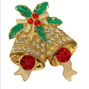 Gold Enameled crystal rhinestone bells christmas brooch