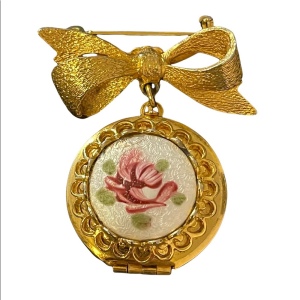 Vintage Ceramic painted flower guilloche Locket brooch gold