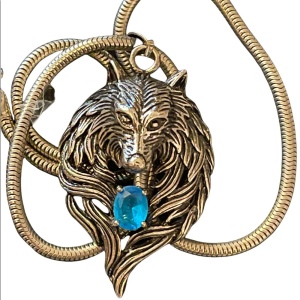 Wolf Pendant with blue crystal snake chain necklace costume