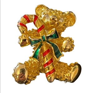 Gold enamel Thinestone teddy bear with candy cane brooch christmas