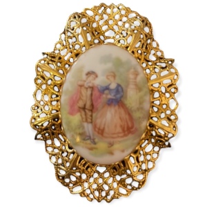 Vintage gold filagree ceramic victorian scene LARGE cameo brooch