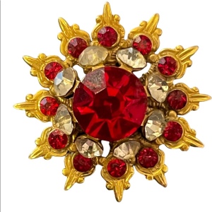 Vintage gold ruby red clear crystal starburst brooch fancy etched gold