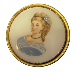 Vintage “Limoges style” ceramic transfer cameo lady Cameo gold finish brooch