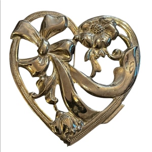 Beautiful large flower heart silver finish brooch