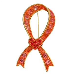 Gold finish pink & red crystal ribbon large brooch