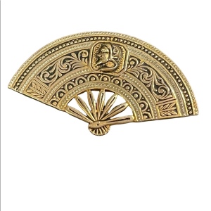 Vintage Damascene gold plate Damacene fan brooch