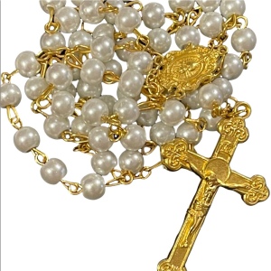 Faux pearl gold metal finish cross crucifix rosary