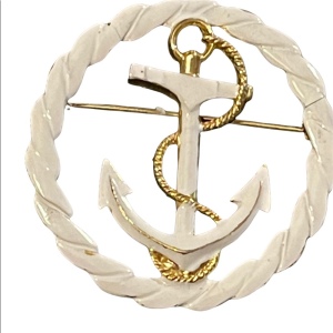 Vintage gold finish white enamel ships anchor nautical brooch Coro