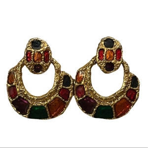 Vintage 1980s Gold finish enameled pierced earrings multi color