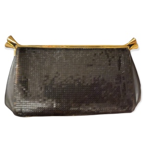 Vintage 1980s Black metal mesh leather? Clutch evening bag party gold finish