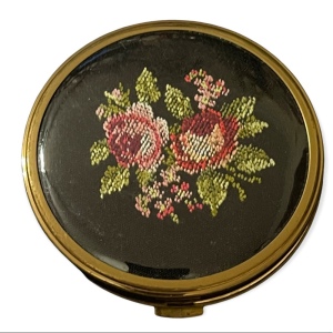 Vintage Margaret Rose flower needlepoint cross stitch compact mirror