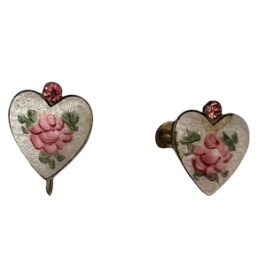 Vintage Guilloche ceramic painted flower & crystal CORO screw back earrings