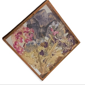 Vintage artisan hand made dried flowers in copper frame square brooch