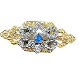 Vintage Victorian Revival gold finish fancy bar brooch scarf brooch blue crystal