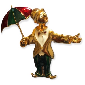 Vintage gold tone enamel clown umbrella brooch