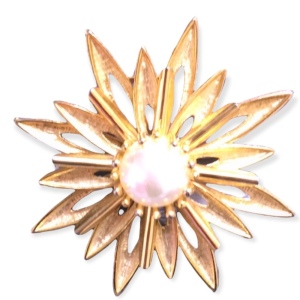 Vintage 1960s Starburst faux pearl LG gold brooch