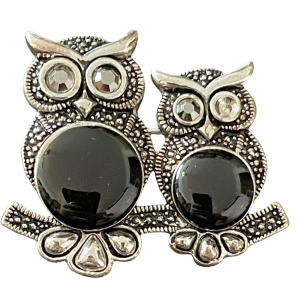 Silver tone Marcasite 2 owls sitting on a branch brooch