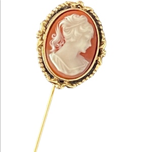 Vintage faux resin cameo stick pin brooch gold finish