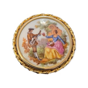 Vintage Limoges France ceramic Victorian scene gold finish Cameo brooch