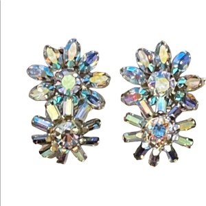 Vintage BLUE AB Sherman crystal double flower clip on earrings silver finish