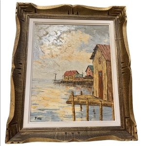 Vintage Wood frame Signed canvas nautical painting “P Kits”