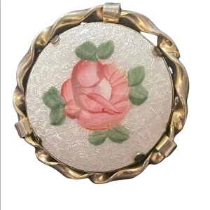 Vintage guilloche ceramic flower round brooch