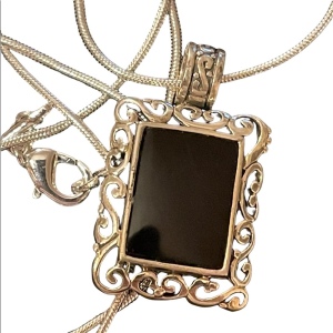 Sterling silver 925 black onyx fancy ornate square pendant snake chain necklace