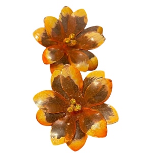 Vintage large orange plastic fancy flower clip on earrings