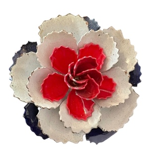 Vintage large red white blue metal flower brooch 1960s