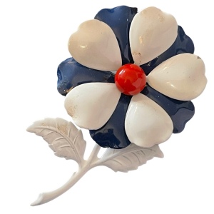 Vintage metal red white blue metal flower brooch large 4”