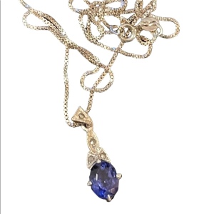 Sterling silver box chain with blue stone fancy dangle pendant