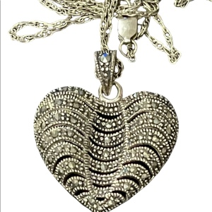 Sterling silver large marcasite heart pendant with long sterling rope chain