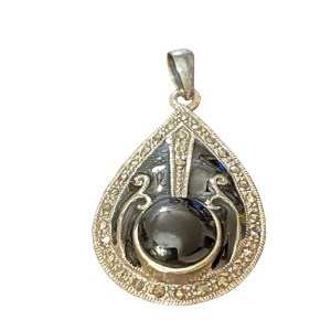 Sterling silver marcasite black enamel & blk onyx fancy tear drop pendant