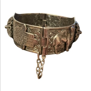 Vintage Silver tone bangle Moroccan Berber cuff bracelet with camels and hamsa