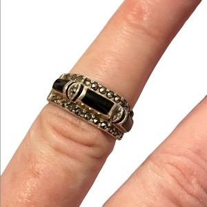 Sterling silver black onyx marcasite ring fancy