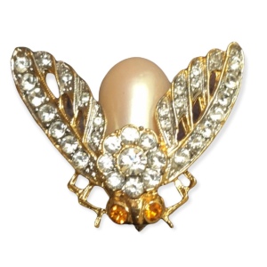 VTG crystal gold faux pearl bug fly brooch