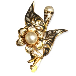 Vintage Damascene Spain Gold pearl flower brooch