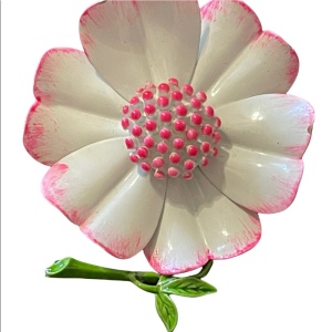 Vintage large flower metal brooch white & pink enamel