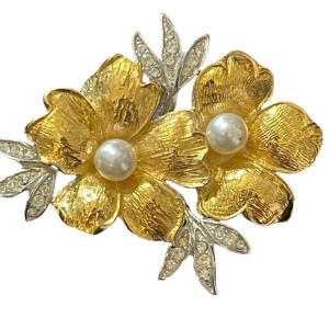 Fancy gold & silver finish faux pearl flower brooch with rhinestones