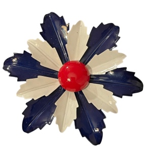 LARGE 2.5” Vintage red white blue fancy metal flower brooch