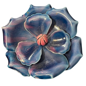 Vintage LARGE pink & blue fancy metal flower brooch