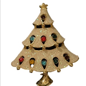 gold finish fancy enameled multi color crystal christmas tree brooch