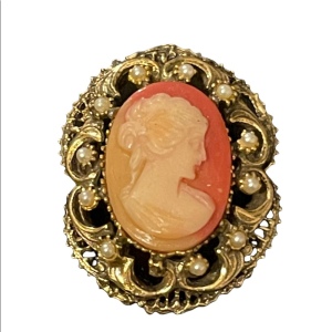 Vintage faux pearl resin cameo antiqued gold finish brooch