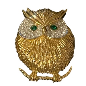 Gold finish rhinestone green crystal eye OWL brooch