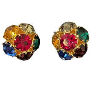 Vintage HEAVY multicolor fine crystal gold finish clip on earrings