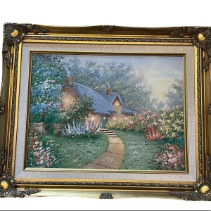 Vintage Signed Oil painting C Jaffey Summer cottage gold gilt wood frame