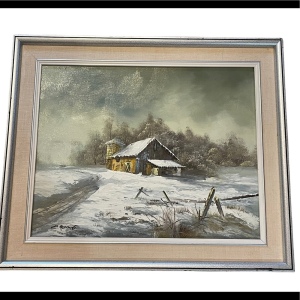 Vintage signed landscape painting oil on board farm house