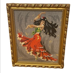 Vintage Mid Century Spanish Flamenco dancer framed needlepoint picture