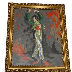 Vintage Mid Century Spanish Flamenco dancer framed needlepoint picture Male